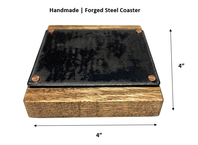 Impress while you rest your beverage on these handcrafted coasters. Handmade in a small blacksmith shop here in the USA, this coaster is hand forged and heated to 2,000-F and hammered repeatedly on a solid anvil. Mounted on a gorgeous red oak solid wood base with copper rivets, your drink awaits!